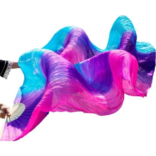High selling 100% Real Silk Veils 1 Pair handmade women Quality Silk Belly Dance Fan Dance turquoise+purple+rose stripe