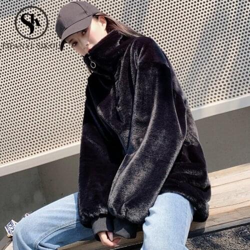 2019 Autumn Winter Women Hoodies Long Sleeve Sweatshirt Thick Warm Pullover Zipper Tops Faux Rabbit Fur Sweatshirts Plush Coats