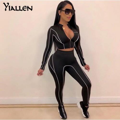 Yiallen New Letter Reflection Stripe Zip Crop Tops Leggings Fitness Tracksuit 2 Piece Sets Women Stretch Sportswear Active Suits