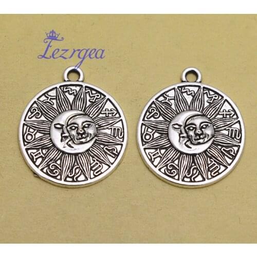 10pcs/lot--28x25mm, sun cham,Antique silver plated Round Shape Retro Symbol Sun And Moon Totem charms,DIY supplies