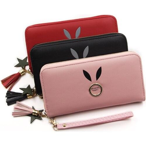 2019 new womens wallet solid color fashion wallet long rabbit head female hand bag multi-card mobile phone bag