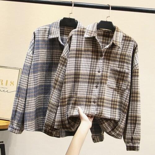 Plaid Blouse Women Spring Autumn Long Sleeve Single-breasted Furry Casual Top Plus Size 4XL Loose Coat Bottoming Shirts KW453