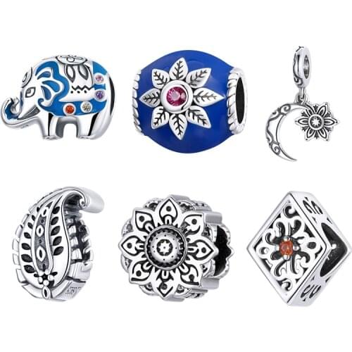 BISAER 100% 925 Sterling Silver Elephant Moon Lotus Leaf Charm Beads Fit Women Bracelet DIY Beads Retro Fine Jewelry ECC1821