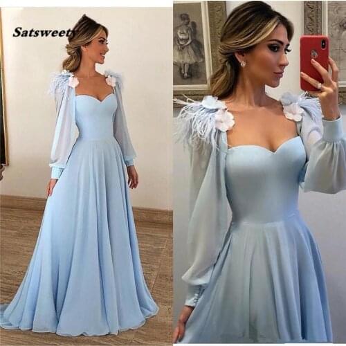 Elegant Light Blue Feather Evening Dress A Line Long Sleeves Plus Size Floor Length Evening Gown robe de soiree abendkleide