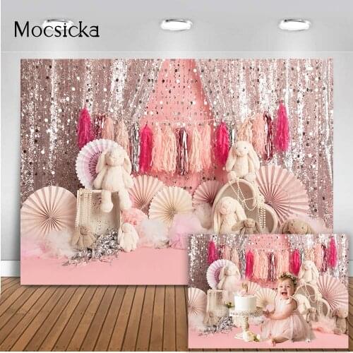 Bunny Fans By Honey Pie newborn kids 1st Birthday Cake Smash Backdrop Sliver Glitter Birthday Baby Shower Child Party Decoration