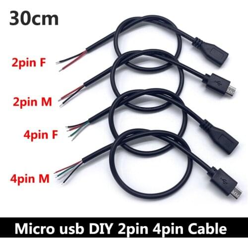 0.3m Power Supply Cable 2 Pin Micro USB 2.0 A Female male 4 pin wire Jack Charger charging Cord Extension Connector DIY 5V line