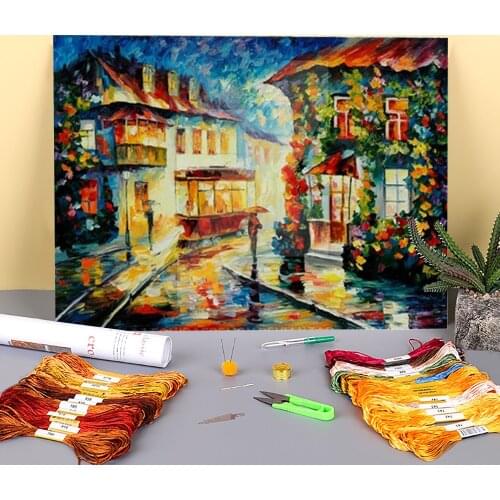 Oil Painting Style Trolley Printed Canvas 11CT Cross Stitch Embroidery Complete Kit DMC Threads Hobby Handiwork Wholesale