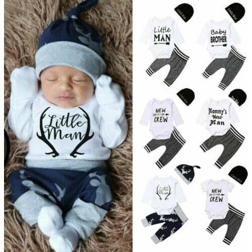 3Pcs Newborn Infant Baby Boy Girl Long Sleeve Letter Print Romper Top Pants Tracksuit Outfit Clothes 0-18M