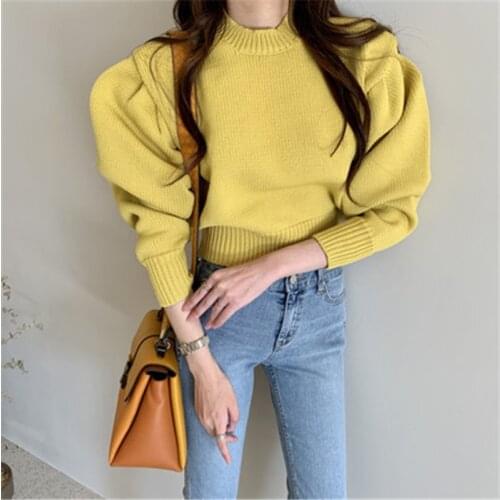 Candy Color Short Sweaters Women Top Fall Winter New Casual Loose O-neck Puff Sleeve Solid Color Knit Pullovers Female Clothes