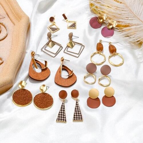 Korean Brown Geometry Drop Earrings Round Dangle Wedding Jewelry Women Fashion Statement fabric Earrings for women Wholesale