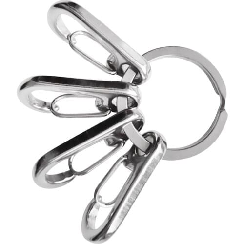 Round Keychain Split Ring with 4 Hanging Snap Clip Buckles Stainless Steel