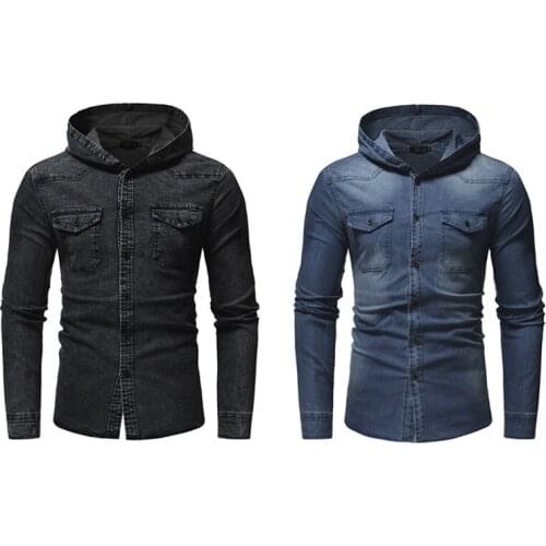 2 Pcs Spring Wash Denim Shirt Men Long Sleeve Fashion Hooded Jeans Shirt Men Casual Slim Fit Shirt M, Blue & Black
