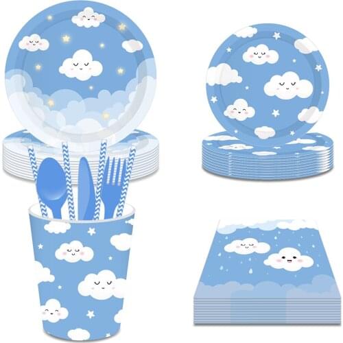 Kids Kawaii Smile Cloud Blue Sky Happy Birthday Party Disposable Tableware Sets Paper Plates Baby Shower Party Decorations