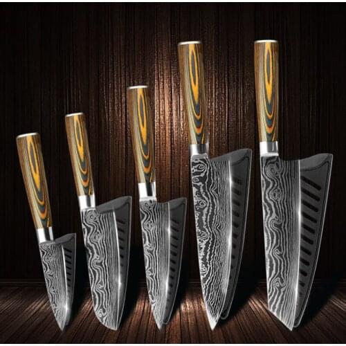 5PCS Kitchen Knife Set Japanese Chef Knives 7CR17 440C Damascus High Carbon Stainless Steel Utility Santoku Set Cleaver Tools