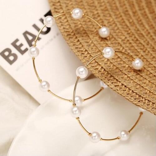 New Simple Big Pearl Earrings Ring Gold Metal Pearl Round Earrings Fashion Circle Statement Earrings For Women Party Jewelry