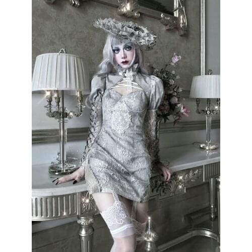 Original Design White Gothic Lace Floral Patch Slip Dress Hollow Out Sexy Mini Sheath Grunge Spaghetti Dress