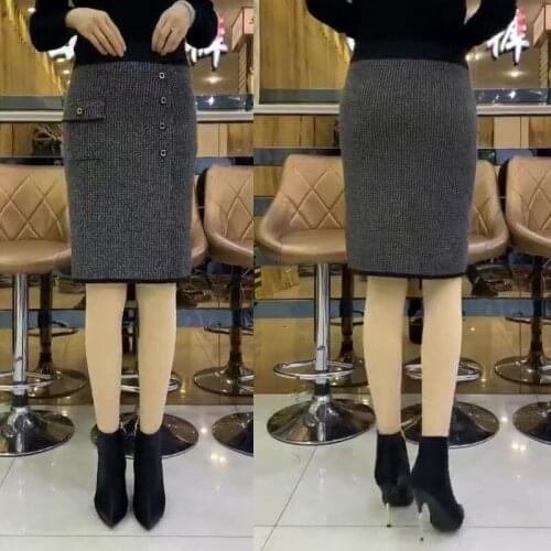 2021 Autumn Winter Women High Wasit Knitted Pencil Skirts Lady Button Elastic Slim Faldas Female Plaid Package Hip Skits Q197
