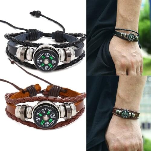 Military Hand Woven Braided Leather Retro Outdoor Compass Sign Charms Bracelet