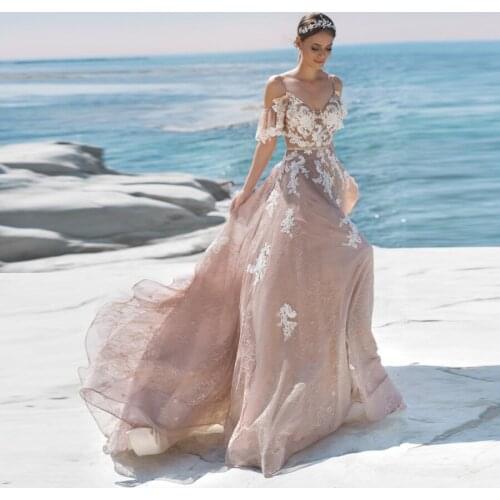 Spaghetti Straps Butterfly Sleeves Champagne Beach Wedding Dress with White Lace Applique Backless Brwon Bridal Gowns