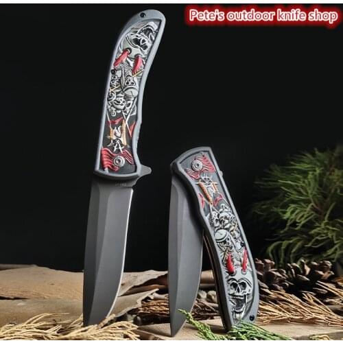 Tactical Folding KNIFE, All-steel 3D Printed Embossed Handle Portable Knife Outdoor Adventure Self-defense Tool FRUIT KNIFE EDC
