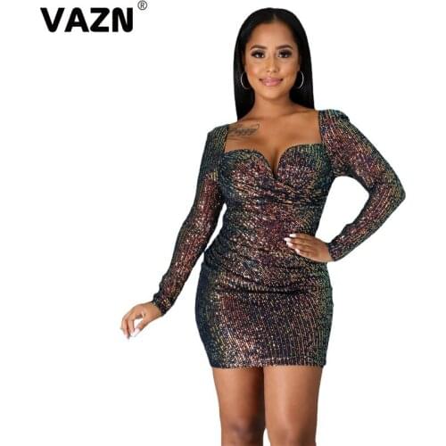 VAZN 2021 Top Quality Sequined Flaring Sexy Club Sweet Young Strapless Full Sleeve Women High Waist Thin Mini Dress