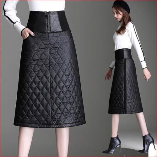 Women 2020 Autumn Winter Plaid High Waist A-line Skirts Female Down Cotton Knee-length Skirts Office Ladies Slim Skirts J04