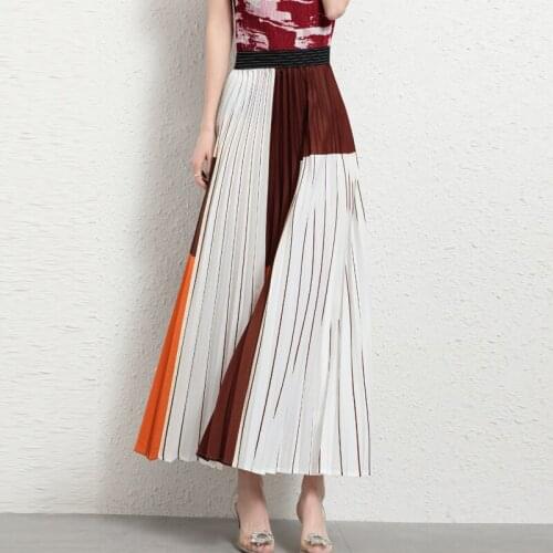 2021 Spring and Summer New Printed Skirt miyake pleated Western-style A-line Skirt folda Niche Retro Waist Long Skirt for woman
