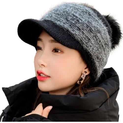 Women Winter Thick Warm Fuzzy Knit Beanie Cap with Visor Bill Cute Pompom Cold Weather Windproof Skullies Baseball Cap