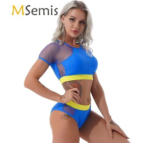 2Pcs Womens Swimwear Round Neck Removable Pads Mesh Patchwork Crop Tops and Briefs Set Beach Bikini Swimming Bathing Suit