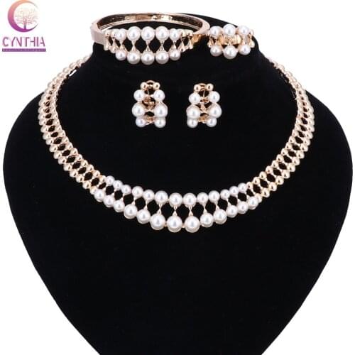 Simulated Pearl Party Jewelry Sets For Women Wedding Gold Color Necklace Earrings Bangle Rings Accessories