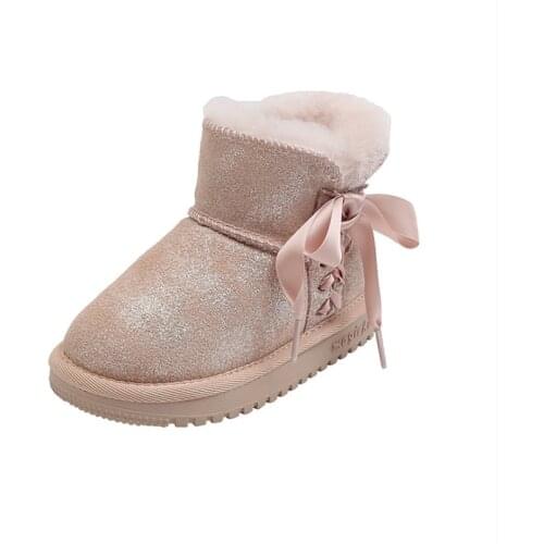 1-12 Years Childrens Snow Boots 2021 Winter Genuine Leather Girls Boys Plush Shoes Cut Bow Warm Cotton Kids Boots 21-37
