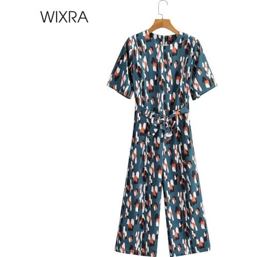 Wixra Women 2021 New Fashion O-Neck Back Zipper Lace Up Sashes Pocket Floral Print Short Sleeve Loose Summer Long Jumpsuits