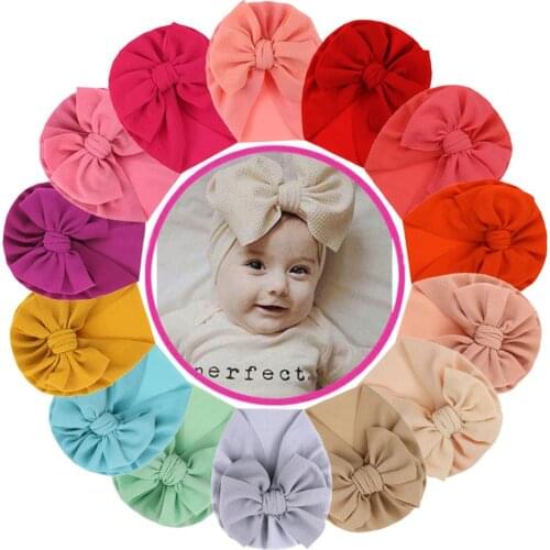 1pc Baby Girl Solid Seersucker Hats BeBes Newborn Waffle Fabric Bows Turban Knotted Bonnet Cap Cotton Head Hoop Infant Beanie