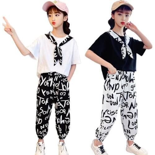 2021 Summer Kids Girls Clothes Teenager Kids Short Sleeve Tie T Shirt + Bloomers Pant Childrens Cartoon Set 4 7 8 10 11 12 Year