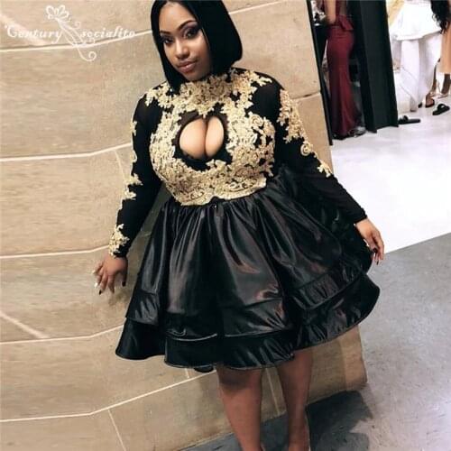 African Black Homecoming Dresses Short 2021 Gold Lace Appliques Long Sleeve Mini Prom Dress Graduation Gowns Vestido De Fiesta