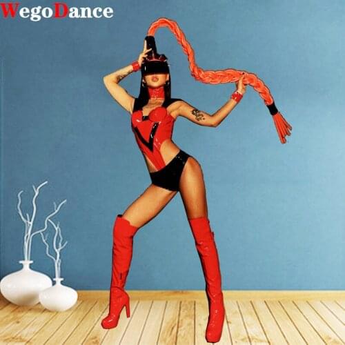 Bodysuit New Nightclub Red Long Braid Leather Bikini Stage Costume Women Rave Clothing Bar Singer Dancer Party Suit