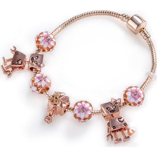 Alloy Pandora Robot Rose Hollow Macroporous Beads DIY Four-leaf Flower Beaded Womens Rose Bracelet