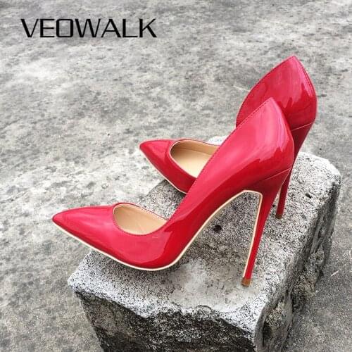 Veowalk Brand Women Fashion D'orsay Pumps Sexy Red Patent Leather Pointed Toe High Heels for Ladies Wedding Customized Accept