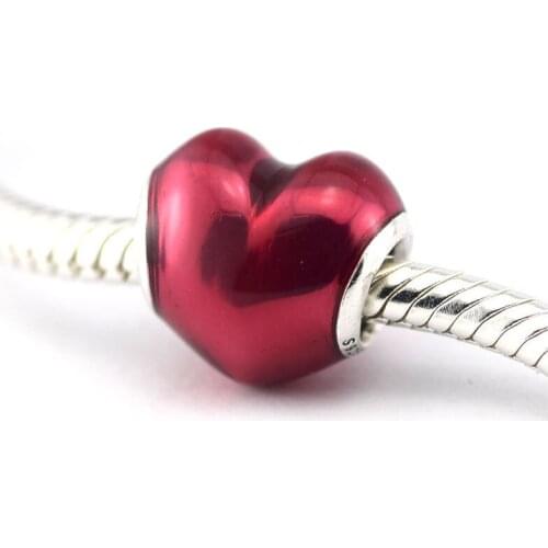 Fine 925 Sterling Silver Beads for Charms Bracelets Red Enamel Valentine Day Heart Beads for Women DIY Silver 925 Jewelry Making