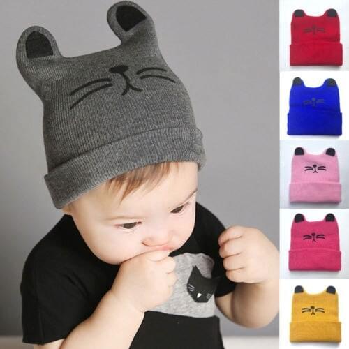 Kids Baby Knit Beanie Hat Cute Cat Pattern Winter Warm Hat Lovely Bunny Ear Cotton Casual Cap for Boys Girls