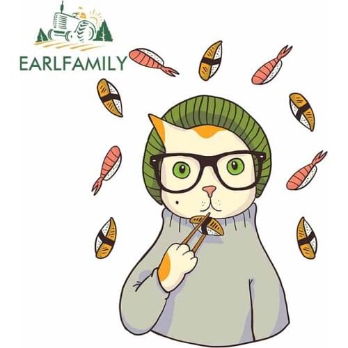 EARLFAMILY 13cm x 9.9cm For Sushi Hipster Cat Car Accessories Stickers Waterproof Decal Air Conditioner Sunscreen Decoration