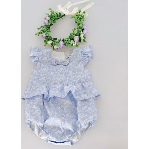 Flofallzique 2020 Petal Sleeve Round Neck Front Bow Decoration Retro Floral Pattern Newborn Baby Girls Romper For Homewear