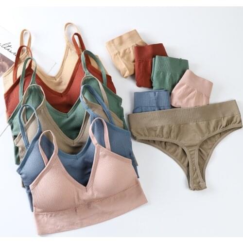 Seamless Bra Set Low Back Cotton Panties G-String Underwear Set Soft Active Wear Tops Fitness Lingerie Blackless Women Intimate