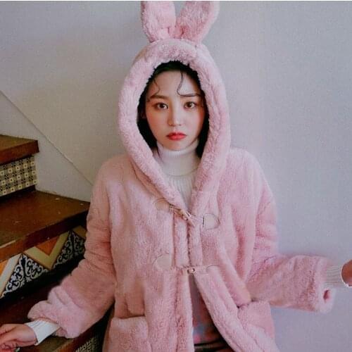 Pink Cute Bear Ear Faked Fur Coat Warm 2019 New Horn Buckle Imitation Fur Furry Rabbit Fur Loose Coat Female Jacket Outwear