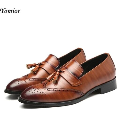 Yomior New Men Casual Leather Shoes Fashion Tassel Business Office Suit Brogue Shoes Platform Wedge Party Wedding Big Size Shoes
