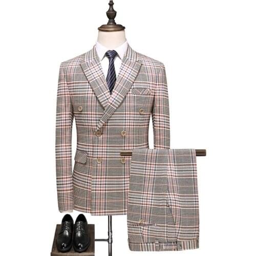 Double Breasted Suit Men 2021 Fashion Brand Men Suits Clothing Slim Fit Mens Suits Wedding Groom Khaki Jacket+Vest+Pants