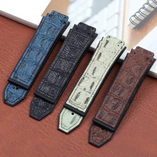 25*19mm Crocodile pattern cow leather Rubber Watchband butterfly Buckle for Hublot strap for Big Bang belt Watch