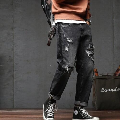 Beggar Style Ripped Jeans Mens Jeans Sweatpants Sexy Hole Pants Casual Male Loose Trousers Straight Biker Outwears Pants