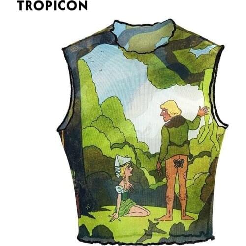TROPICON Mesh Tank Top Women Crop Top Voile Tanktop Summer Sleeveless Underwear Pattern Print Green Top Femme Clothes