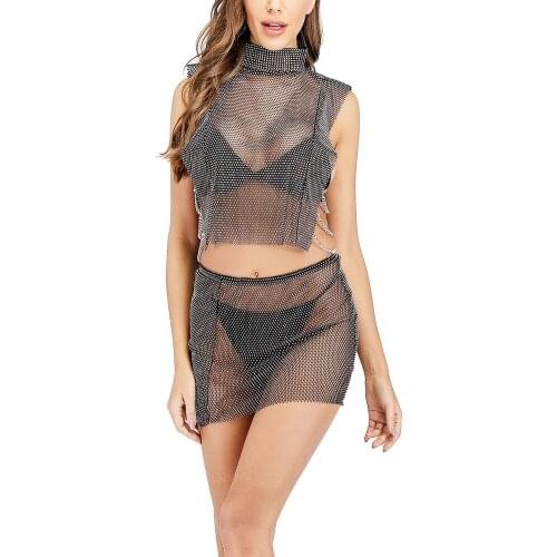 Womens Luxury Nightclub Bling Rhinestone Elastic Mini Skirt Suit Sandy Beach Party Sexy Sleeveless Breathable Short Skirt